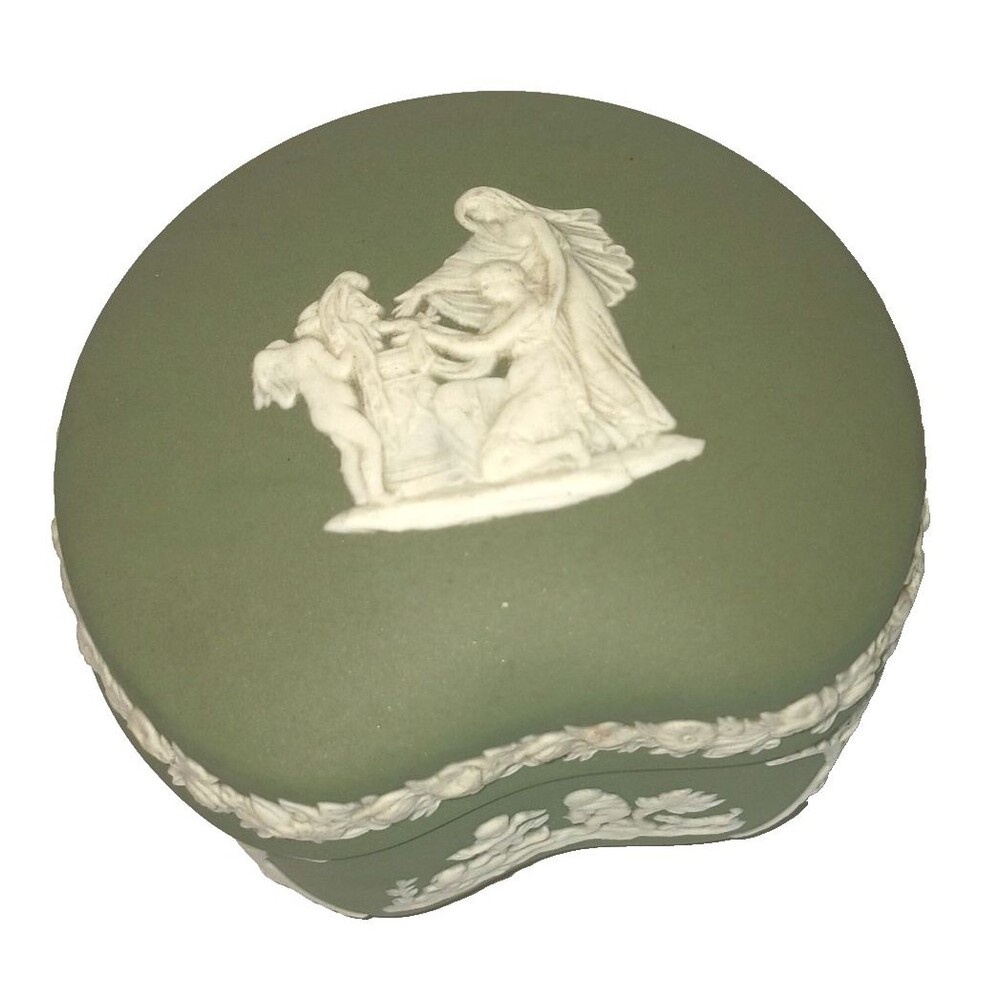 Vtg Wedgwewood England Sage Green Jasperware BEAN Shape Cupid Oracle Trinket Box